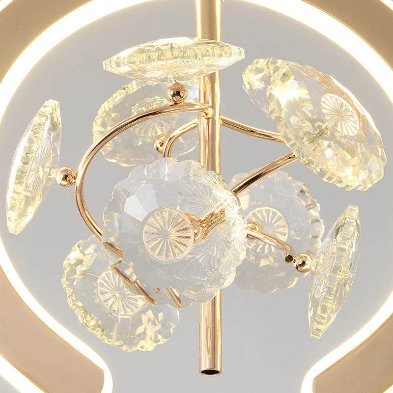 Contemporary Creative Crystal Iron Floral Round LED Pendant Light For Living Room