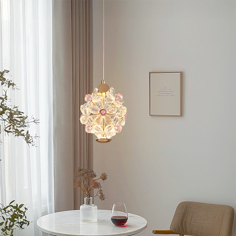 Contemporary Creative Crystal Iron Floral Round LED Pendant Light For Living Room
