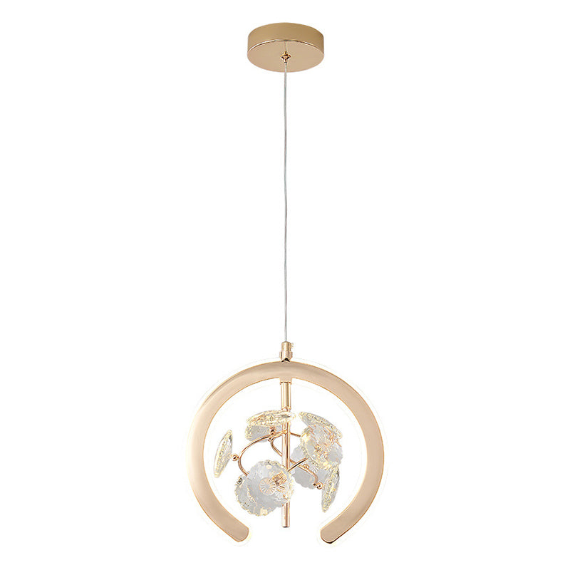 Contemporary Creative Crystal Iron Floral Round LED Pendant Light For Living Room