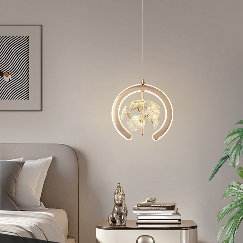 Contemporary Creative Crystal Iron Floral Round LED Pendant Light For Living Room