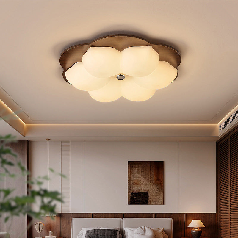 Traditional Chinese Solid Wood PE Iron Cloud Flower LED Flush Mount Ceiling Light For Bedroom