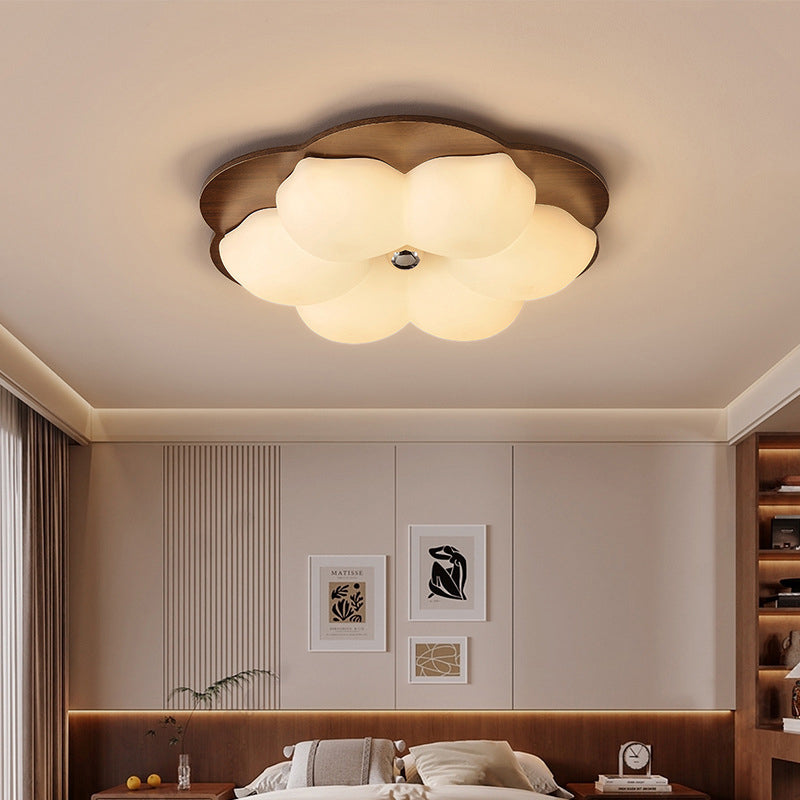 Traditional Chinese Solid Wood PE Iron Cloud Flower LED Flush Mount Ceiling Light For Bedroom