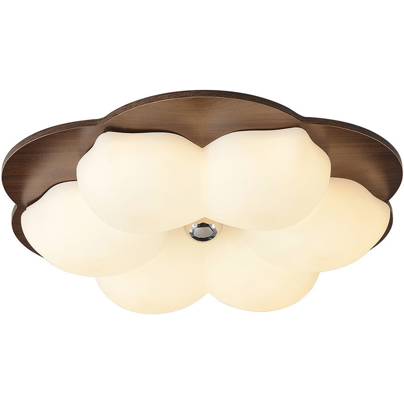 Traditional Chinese Solid Wood PE Iron Cloud Flower LED Flush Mount Ceiling Light For Bedroom
