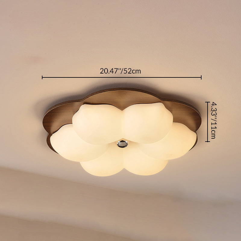Traditional Chinese Solid Wood PE Iron Cloud Flower LED Flush Mount Ceiling Light For Bedroom