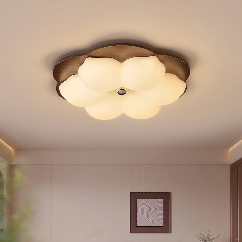 Traditional Chinese Solid Wood PE Iron Cloud Flower LED Flush Mount Ceiling Light For Bedroom