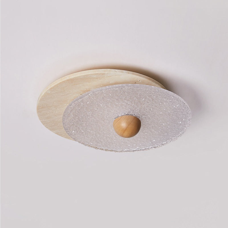 Traditional Vintage Travertine Wood Glass Stacked Round LED Flush Mount Ceiling Light For Bedroom