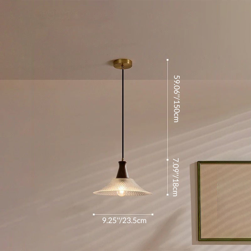 Traditional Chinese Glass Walnut Brass Flared Round 1-Light Pendant Light For Bedroom