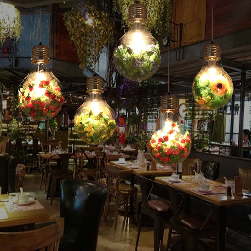 Traditional Rustic Glass Iron Bulb Rose Pendant Light 1-Light For Living Room