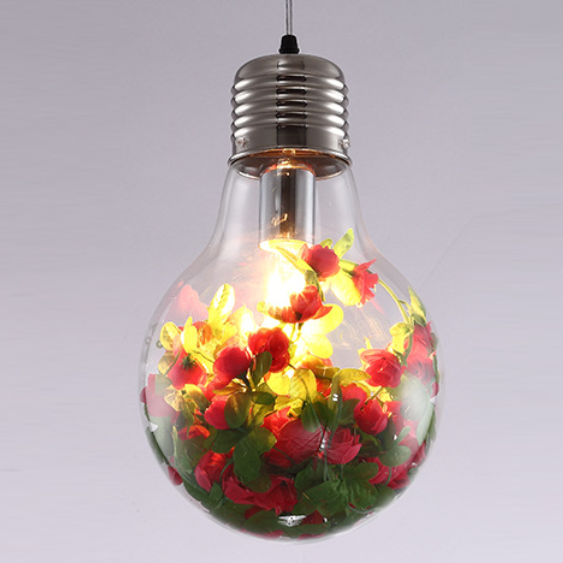 Traditional Rustic Glass Iron Bulb Rose Pendant Light 1-Light For Living Room