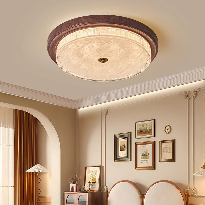 Traditional Vintage Glass Iron Ripple Round LED Flush Mount Ceiling Light For Bedroom