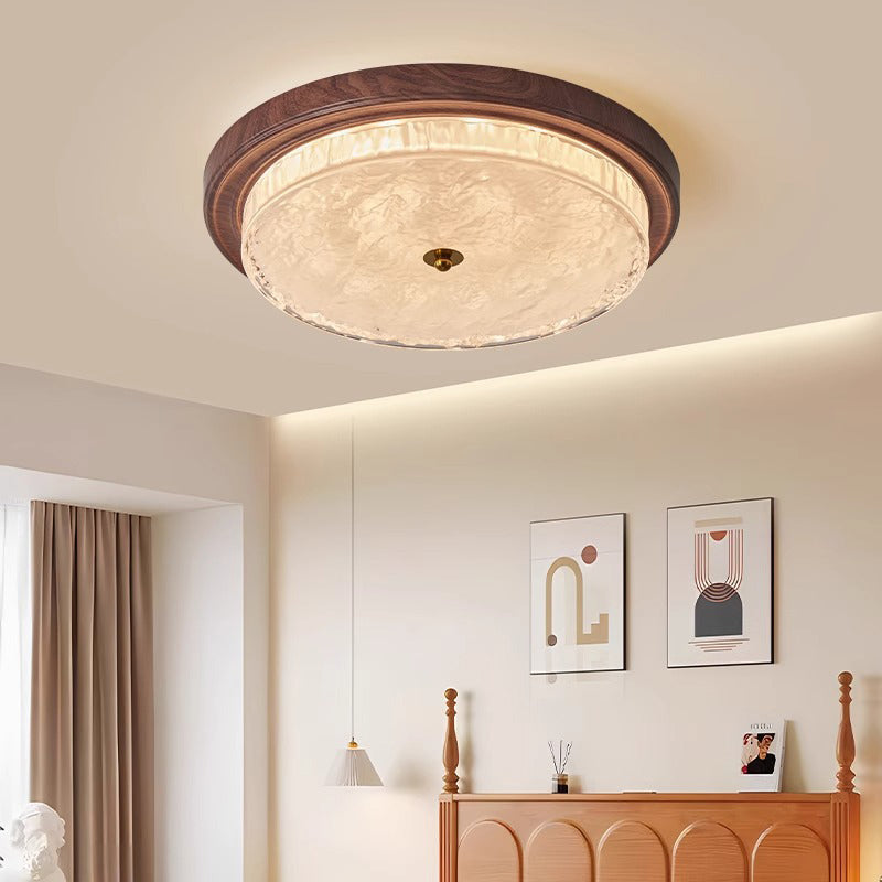 Traditional Vintage Glass Iron Ripple Round LED Flush Mount Ceiling Light For Bedroom