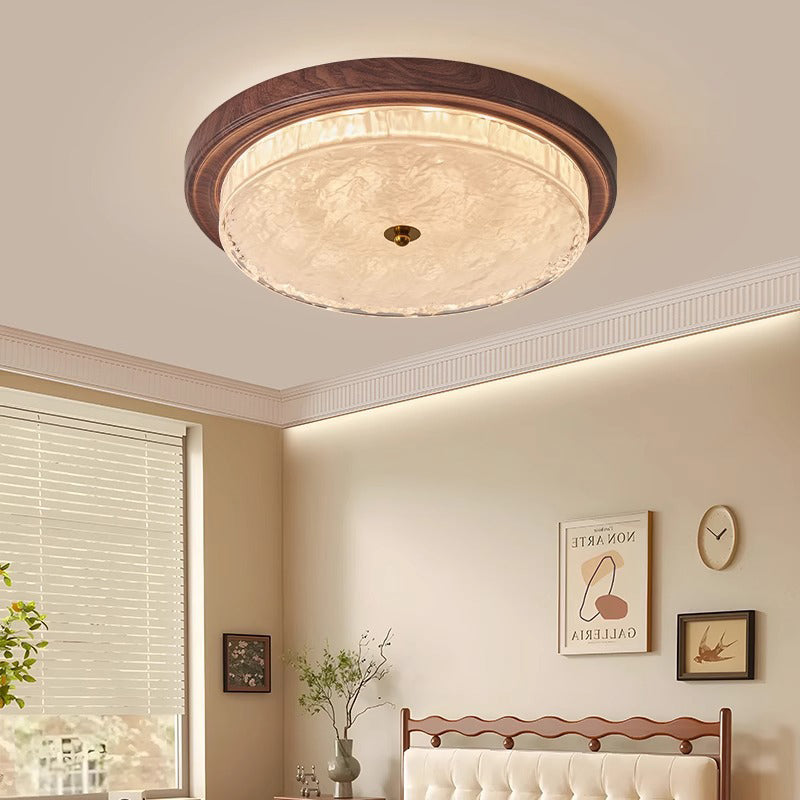 Traditional Vintage Glass Iron Ripple Round LED Flush Mount Ceiling Light For Bedroom