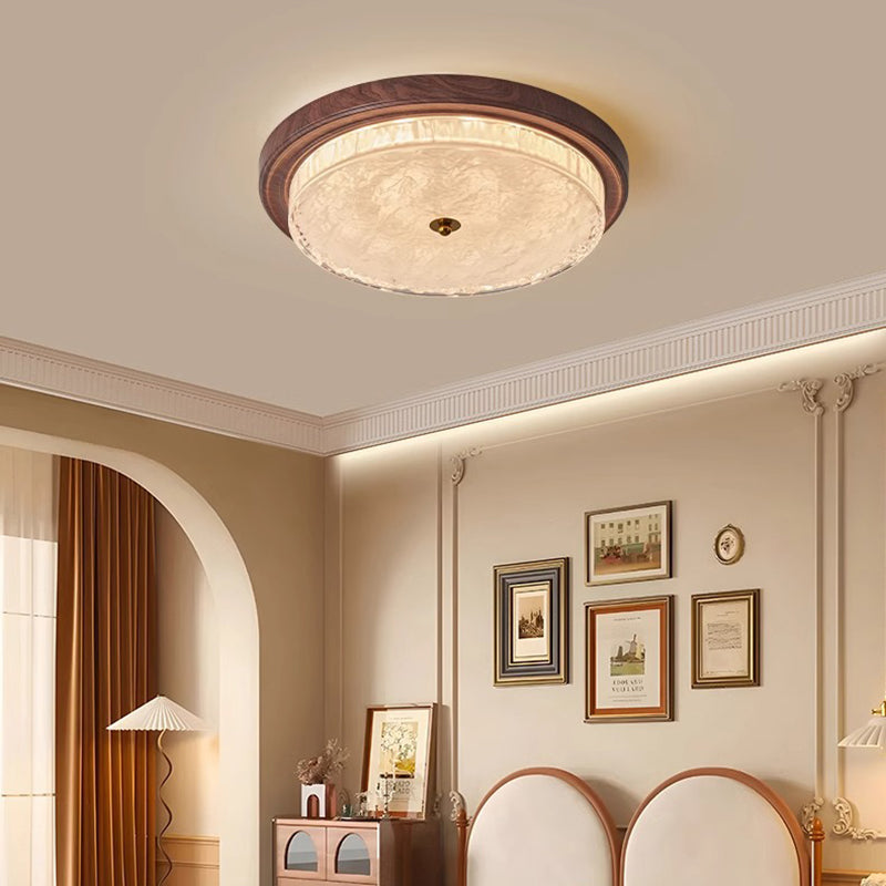 Traditional Vintage Glass Iron Ripple Round LED Flush Mount Ceiling Light For Bedroom