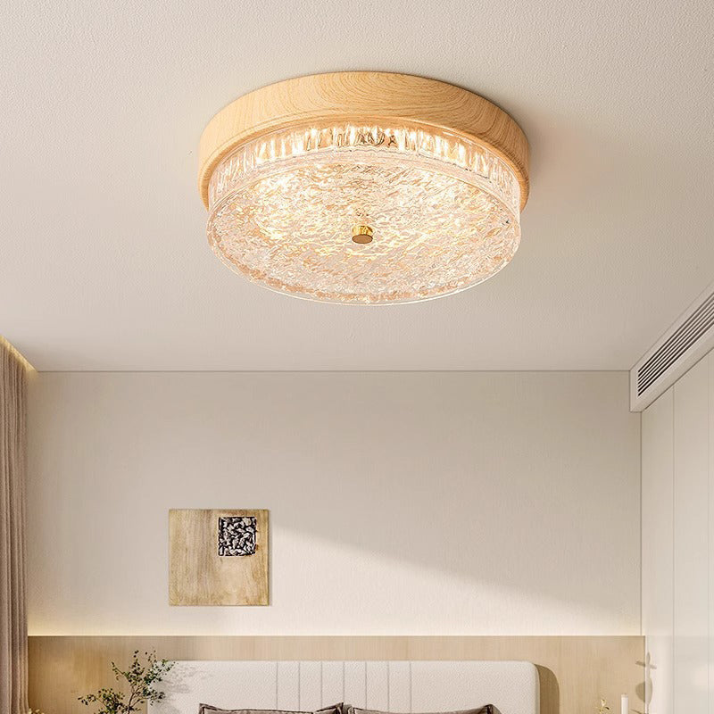 Traditional Chinese Metal Glass Ripple Round LED Flush Mount Ceiling Light For Bedroom