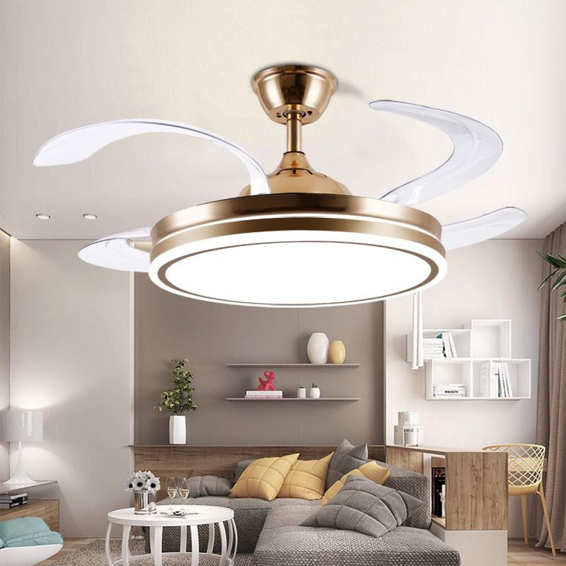 مروحة سقف LED مخروطية الشكل دائرية معدنية أكريليك حديثة بسيطة لغرفة المعيشة