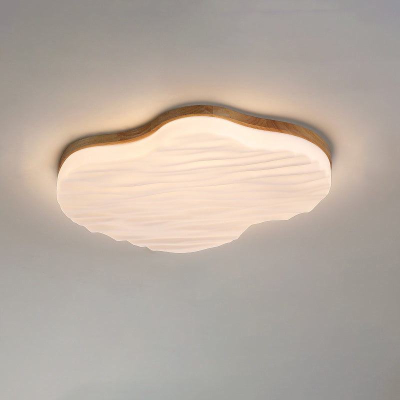 Traditional Chinese Rubberwood Acrylic Cloud Wave LED Flush Mount Ceiling Light For Living Room & Bedroom
