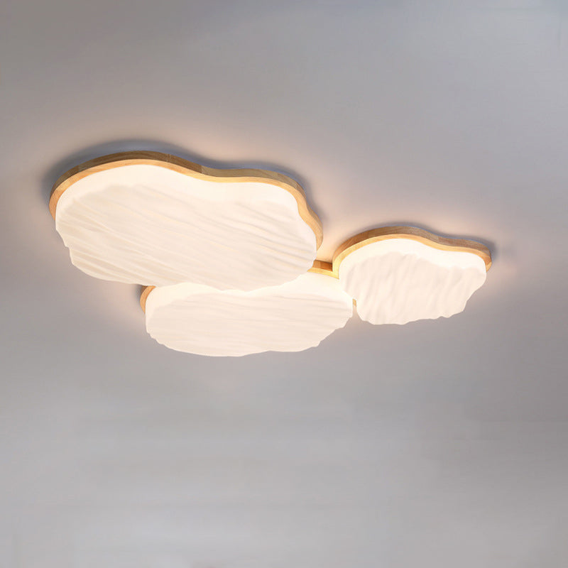 Traditional Chinese Rubberwood Acrylic Cloud Wave LED Flush Mount Ceiling Light For Living Room & Bedroom
