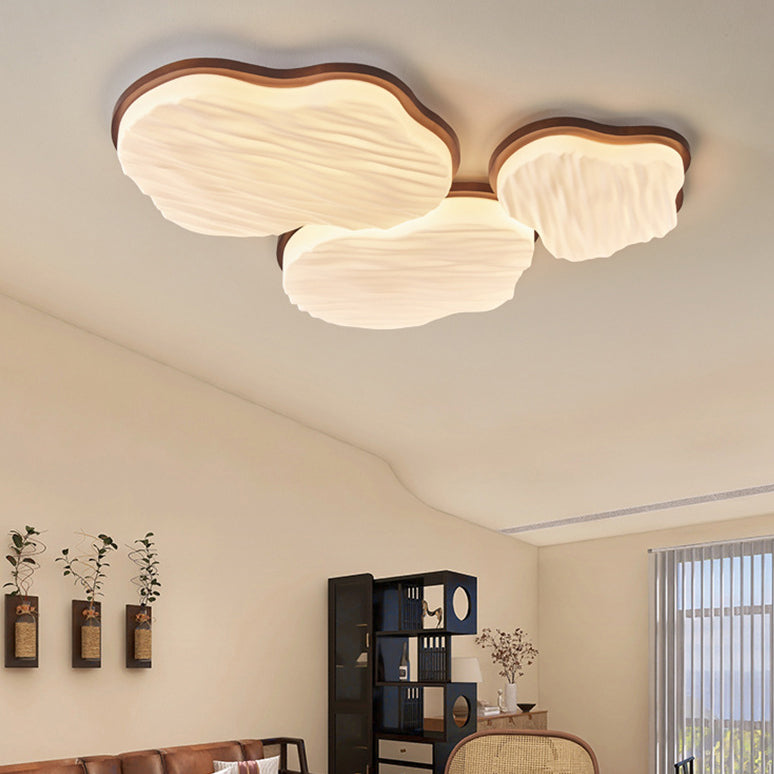 Traditional Chinese Rubberwood Acrylic Cloud Wave LED Flush Mount Ceiling Light For Living Room & Bedroom