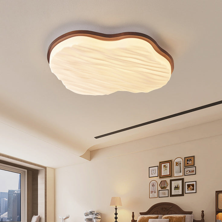 Traditional Chinese Rubberwood Acrylic Cloud Wave LED Flush Mount Ceiling Light For Living Room & Bedroom