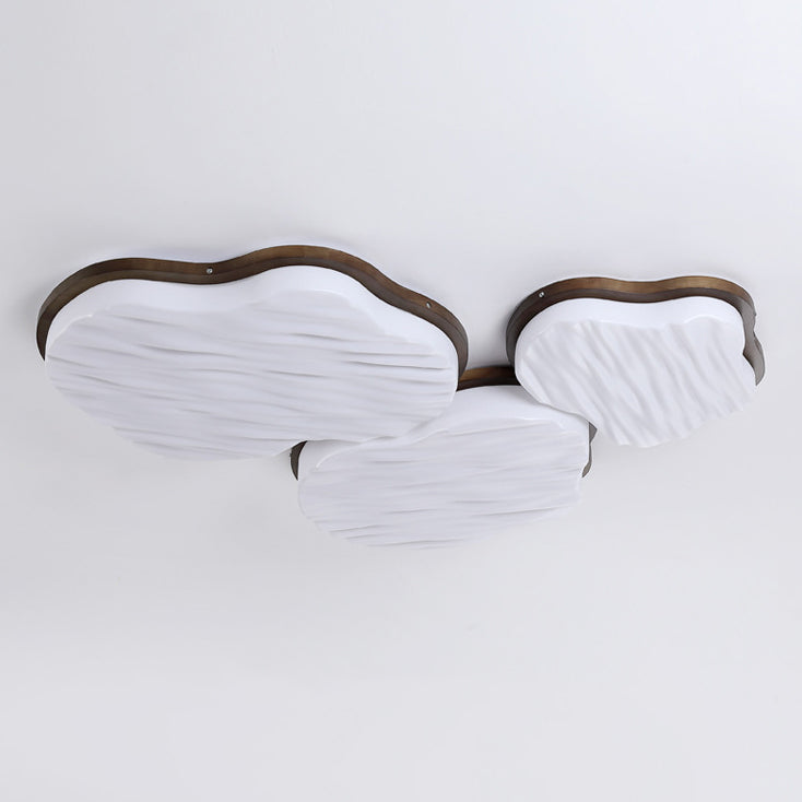 Traditional Chinese Rubberwood Acrylic Cloud Wave LED Flush Mount Ceiling Light For Living Room & Bedroom