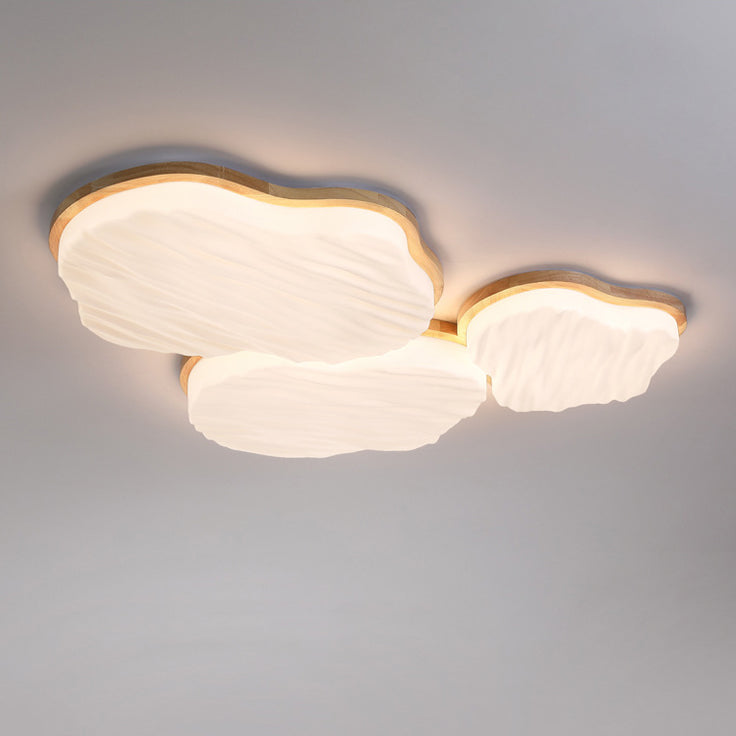 Traditional Chinese Rubberwood Acrylic Cloud Wave LED Flush Mount Ceiling Light For Living Room & Bedroom