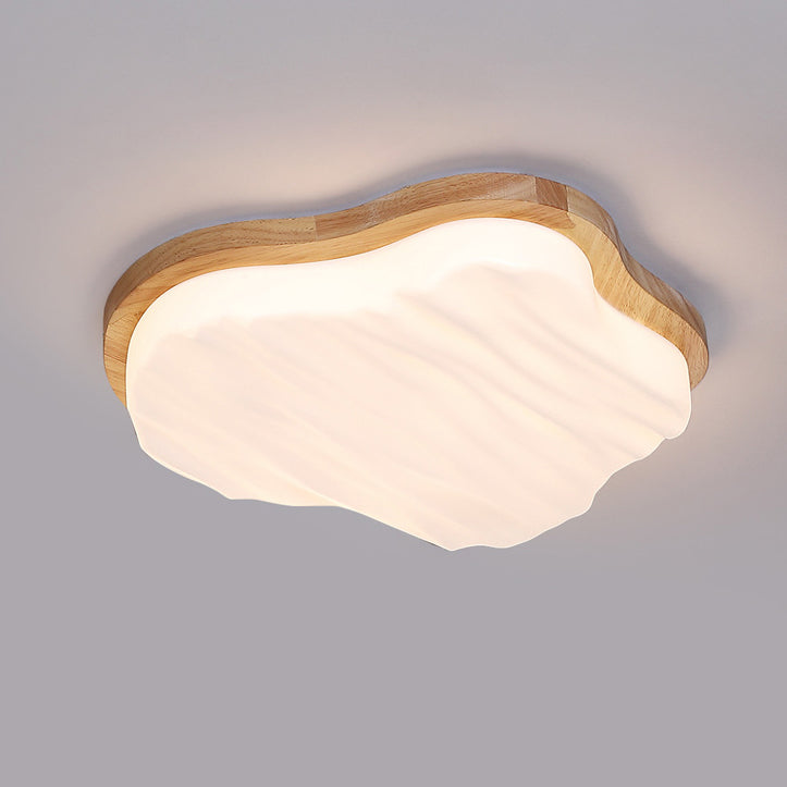 Traditional Chinese Rubberwood Acrylic Cloud Wave LED Flush Mount Ceiling Light For Living Room & Bedroom