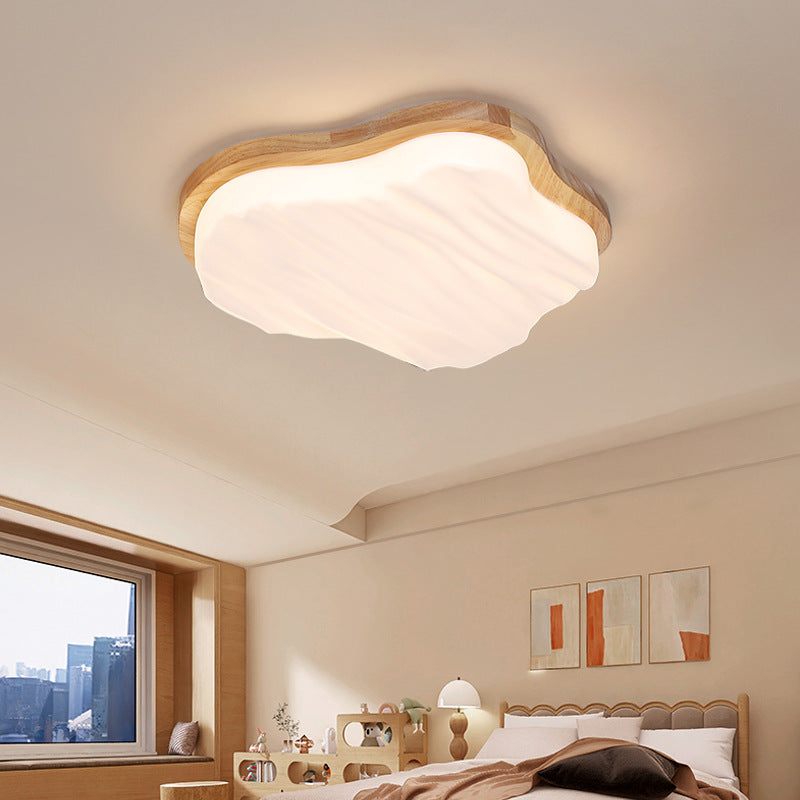 Traditional Chinese Rubberwood Acrylic Cloud Wave LED Flush Mount Ceiling Light For Living Room & Bedroom