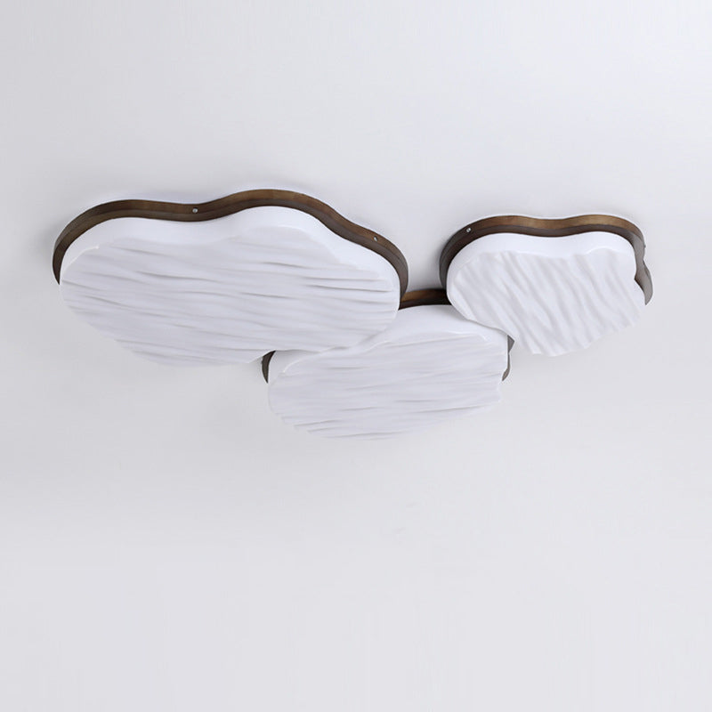 Traditional Chinese Rubberwood Acrylic Cloud Wave LED Flush Mount Ceiling Light For Living Room & Bedroom