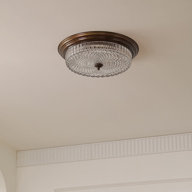 Traditional French Glass Iron Textured Round LED Flush Mount Ceiling Light For Bedroom
