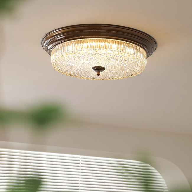 Traditional French Glass Iron Textured Round LED Flush Mount Ceiling Light For Bedroom