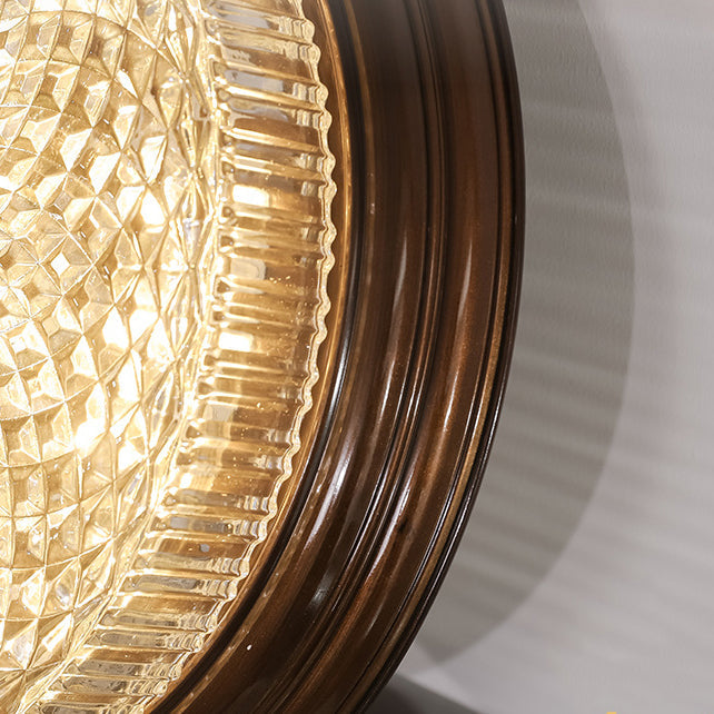 Traditional French Glass Iron Textured Round LED Flush Mount Ceiling Light For Bedroom