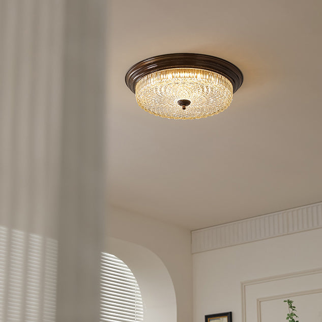 Traditional French Glass Iron Textured Round LED Flush Mount Ceiling Light For Bedroom