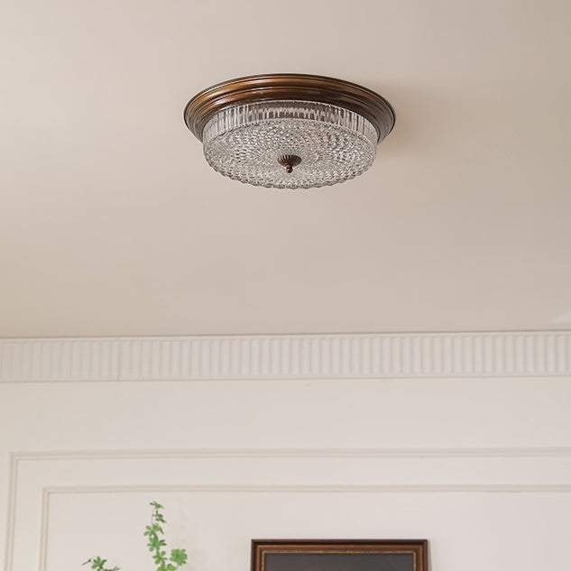 Traditional French Glass Iron Textured Round LED Flush Mount Ceiling Light For Bedroom