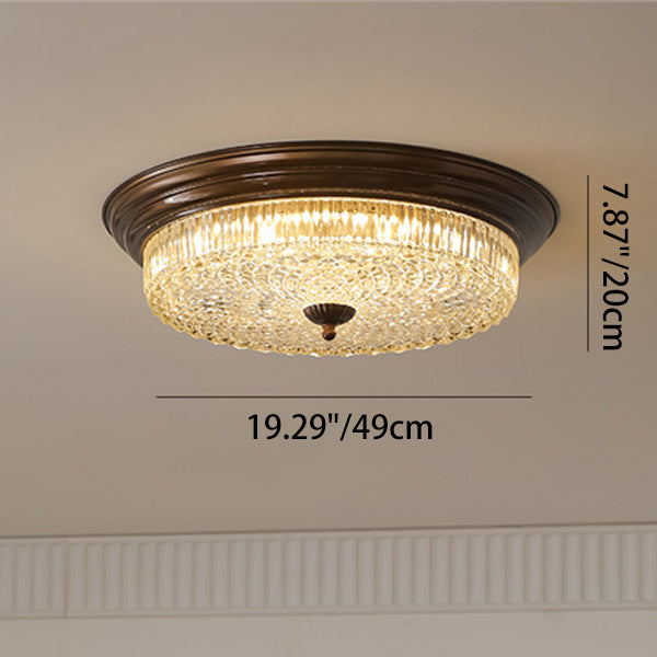 Traditional French Glass Iron Textured Round LED Flush Mount Ceiling Light For Bedroom