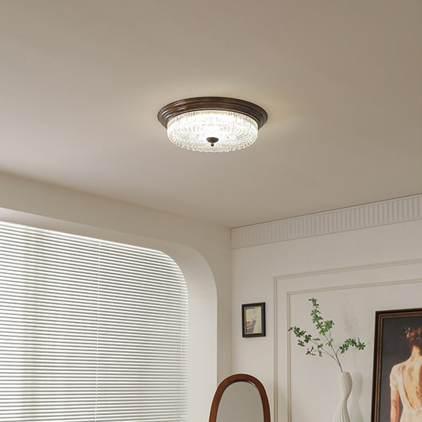 Traditional French Glass Iron Textured Round LED Flush Mount Ceiling Light For Bedroom