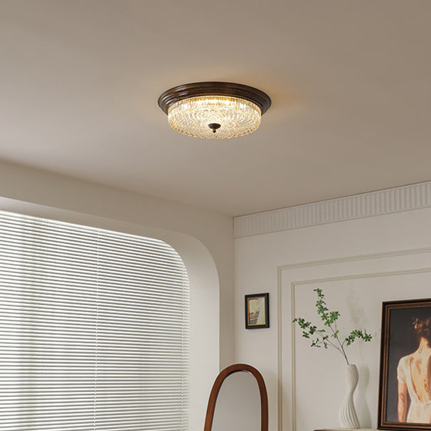 Traditional French Glass Iron Textured Round LED Flush Mount Ceiling Light For Bedroom