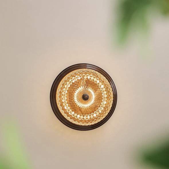 Traditional French Glass Iron Textured Round LED Flush Mount Ceiling Light For Bedroom