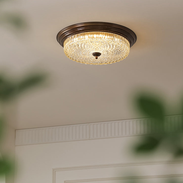 Traditional French Glass Iron Textured Round LED Flush Mount Ceiling Light For Bedroom