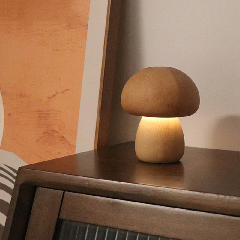 Contemporary Creative Wood Mushroom Round LED Table Lamp For Bedroom