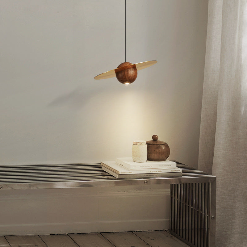 Traditional Vintage Brass Walnut Planet Round LED Pendant Light For Living Room
