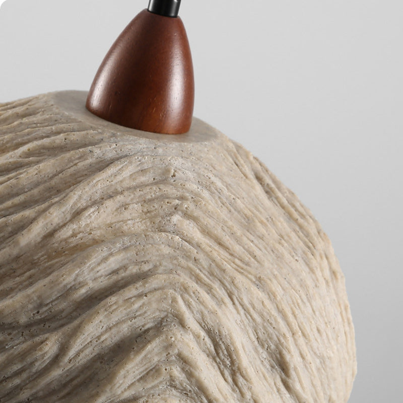 Traditional Vintage Stone Wood Metal Round Bowl Pendant Light 1-Light For Living Room