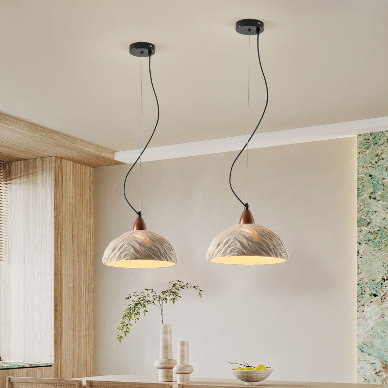 Traditional Vintage Stone Wood Metal Round Bowl Pendant Light 1-Light For Living Room