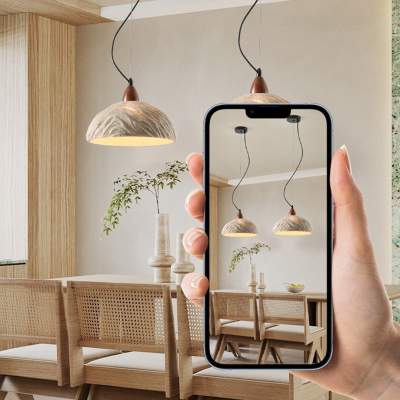 Traditional Vintage Stone Wood Metal Round Bowl Pendant Light 1-Light For Living Room