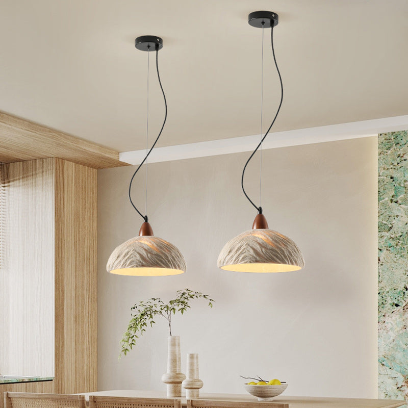 Traditional Vintage Stone Wood Metal Round Bowl Pendant Light 1-Light For Living Room