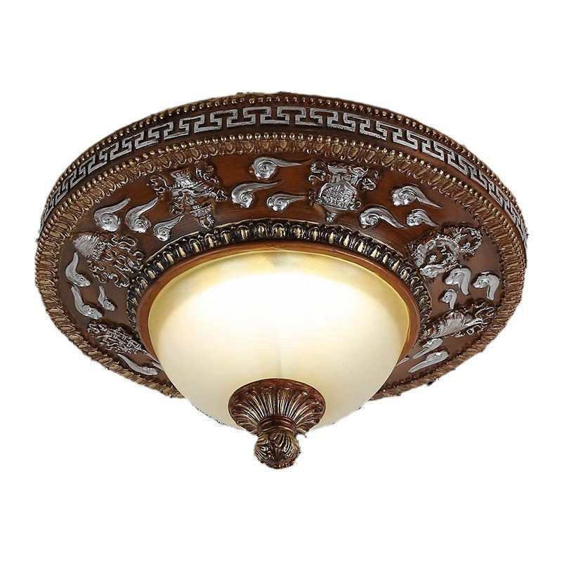 Traditional Vintage Iron Resin Glass Carved Round LED Flush Mount Ceiling Light For Bedroom