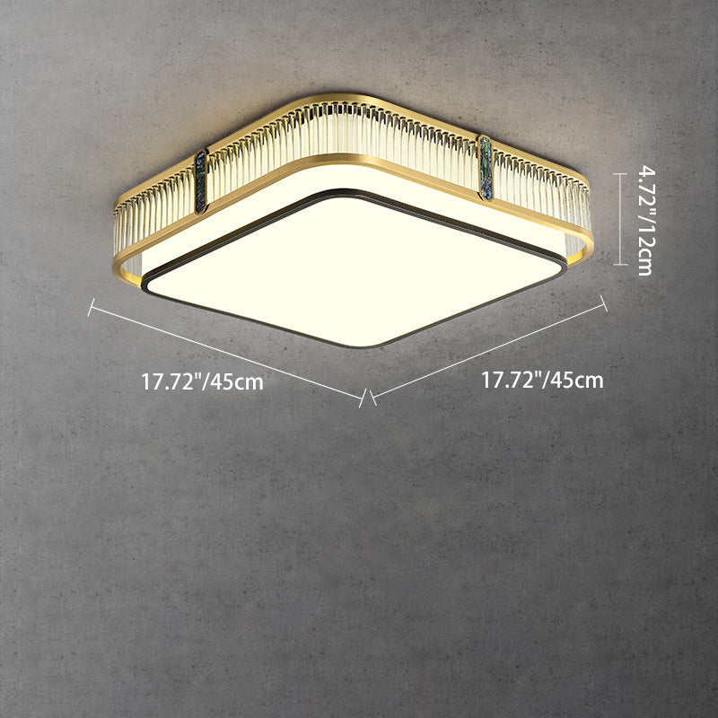 Traditional Chinese Full Brass & Glass Round Square Rectangular Striped Glass LED Flush Mount Ceiling Light For Bedroom & Living Room
