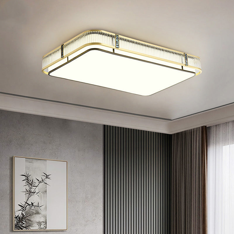 伝統的な中国製の真鍮とガラスの円形、正方形、長方形の縞模様のガラスのLEDフラッシュマウント天井ライト、寝室とリビングルーム用