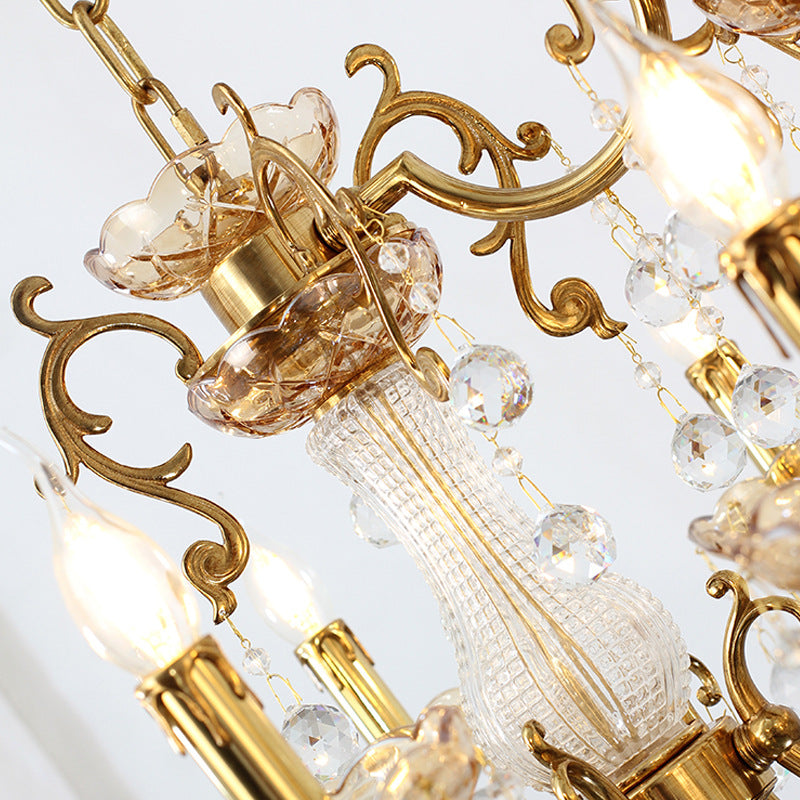 Traditional European Brass Glass & Crystal Candelabra 12-Light Chandelier For Dining Room