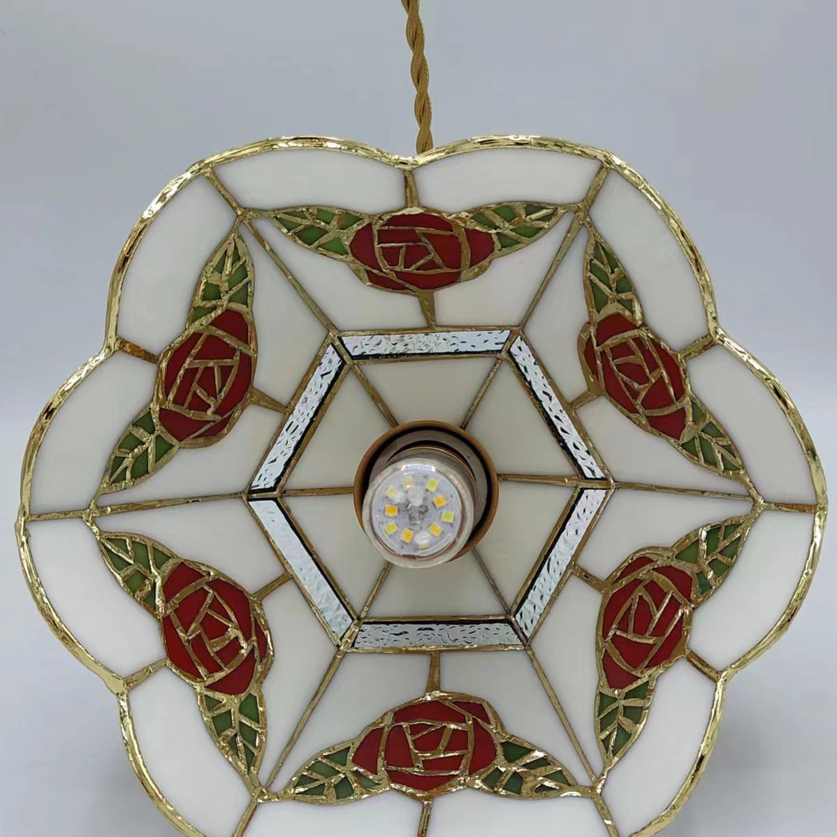 Traditional Vintage Brass & Glass Handcrafted Rose Leaf 1-Light Pendant Light For Dining Room & Bedside