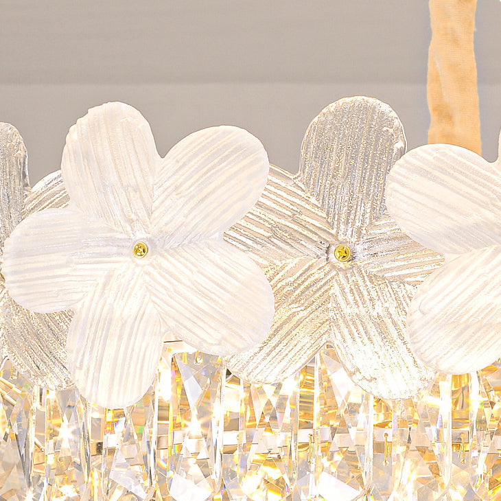 Traditional French Iron Crystal And Glass Frosted Floral Oval 10/12-Light Chandelier Island Light Ideal For Dining Room
